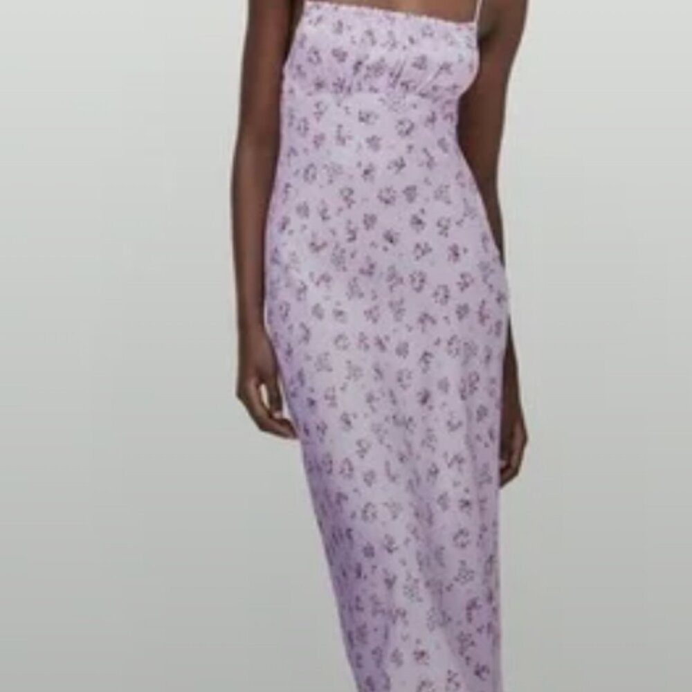 Zara Lilac Floral Satin Effect Dress Size L